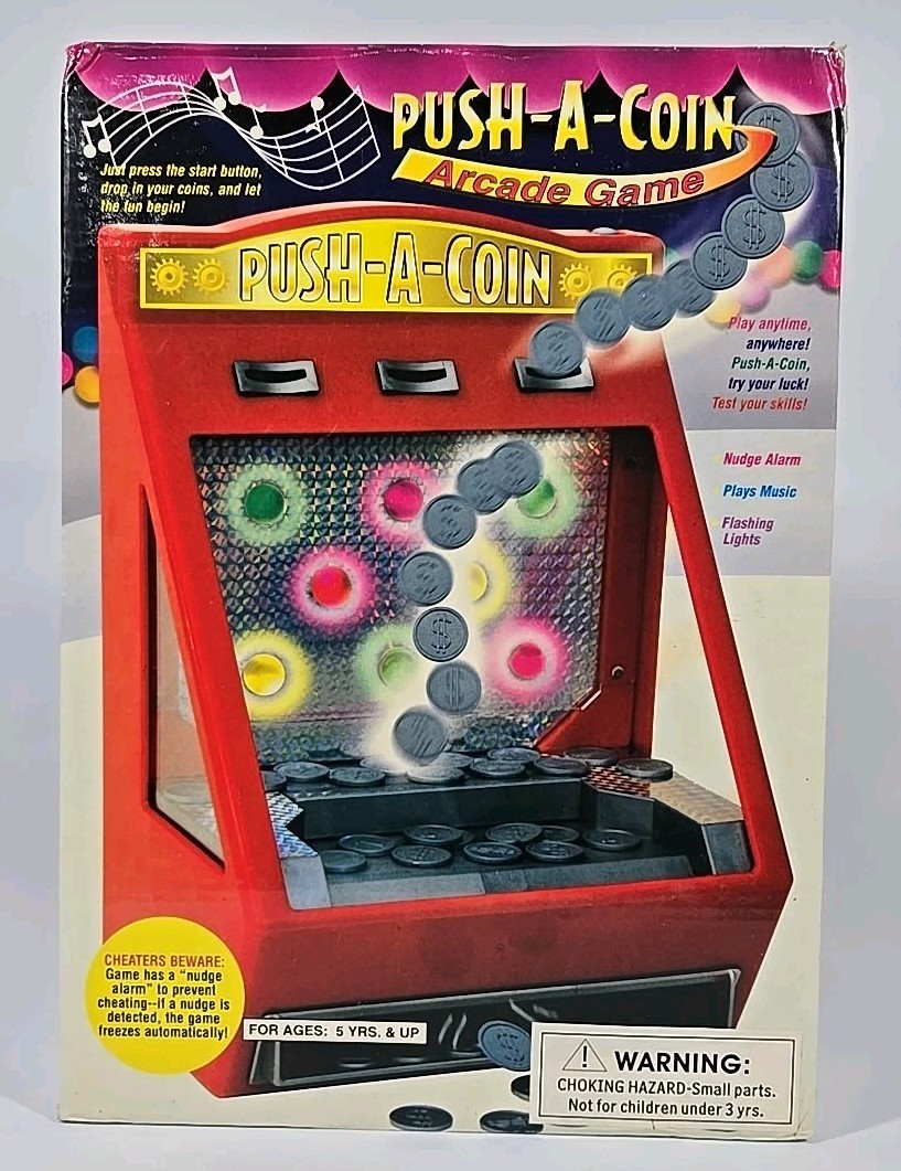 Push-A-Coin Arcade Game Musical- Flashing Lights-Nudge Alarm Arcade Game – NEW!
