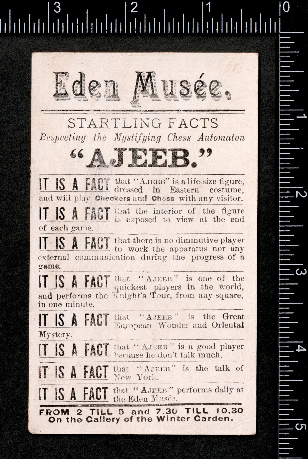 Ajeeb Arcade © 1886 Chess Automaton Eden Musée Museum Circus Sideshow Trade Card