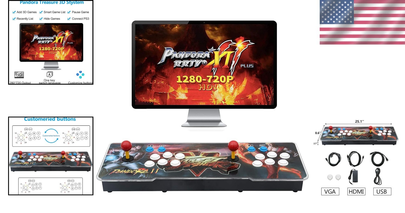 Retro 3D Arcade Console: 30000 Games, HDMI, Customizable Buttons for 4 Players