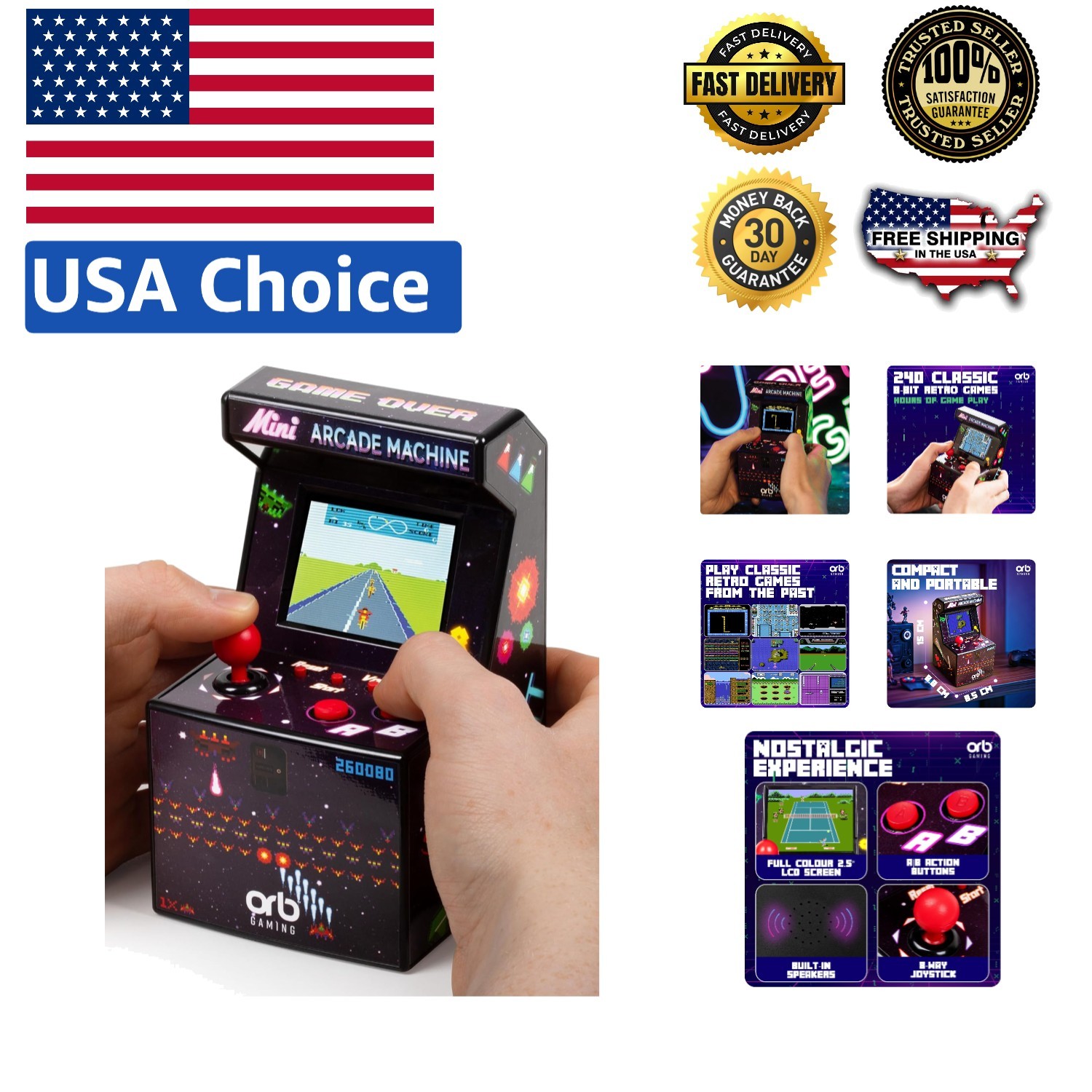 Battery-Powered Mini Arcade Machine – 240 Classic Games & Joystick Control