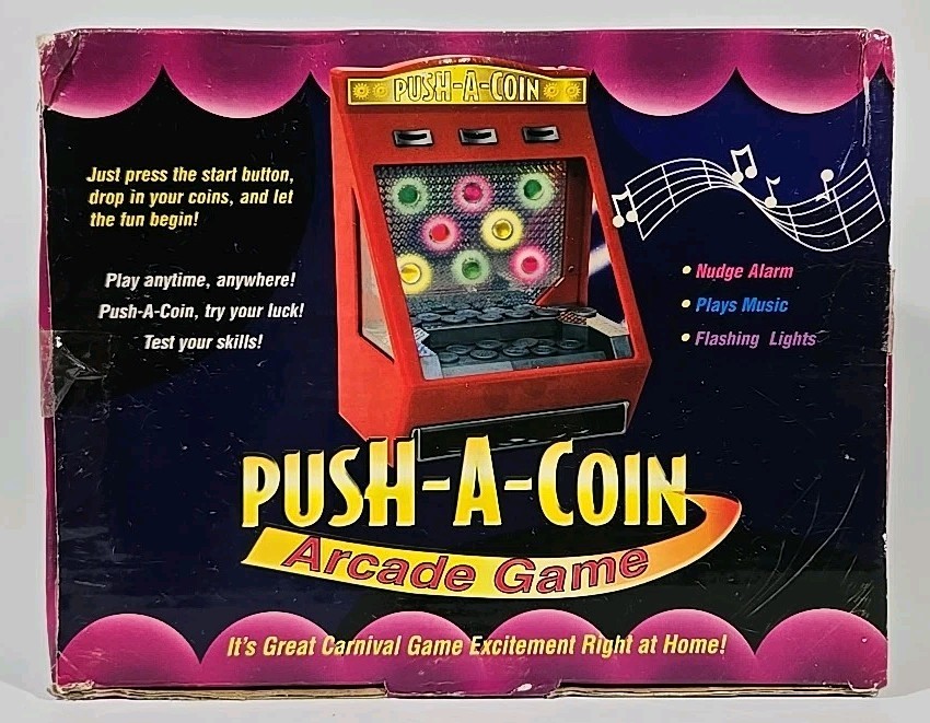 Push-A-Coin Arcade Game Musical- Flashing Lights-Nudge Alarm Arcade Game – NEW!