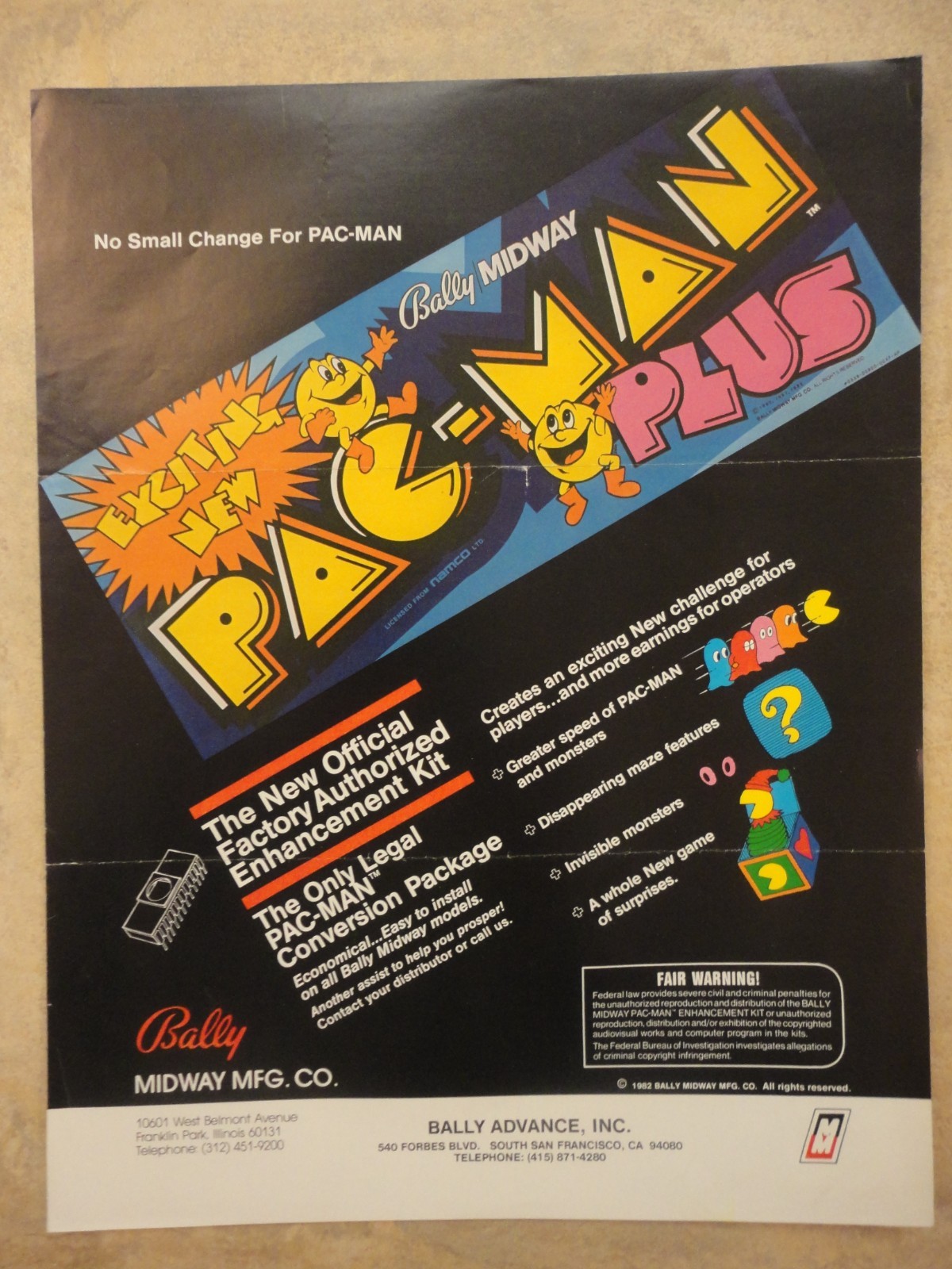 Pac Man Plus Video Arcade Machine Flyer Original Bally Brochure