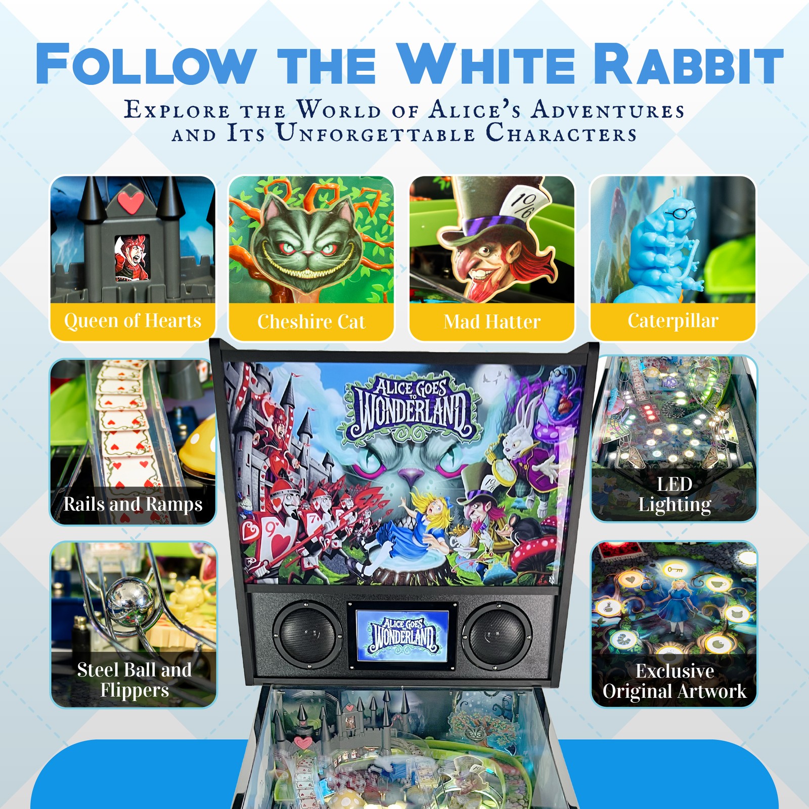 Wonderland Amusements Alice Goes to Wonderland Pinball Machine with LED Lighting