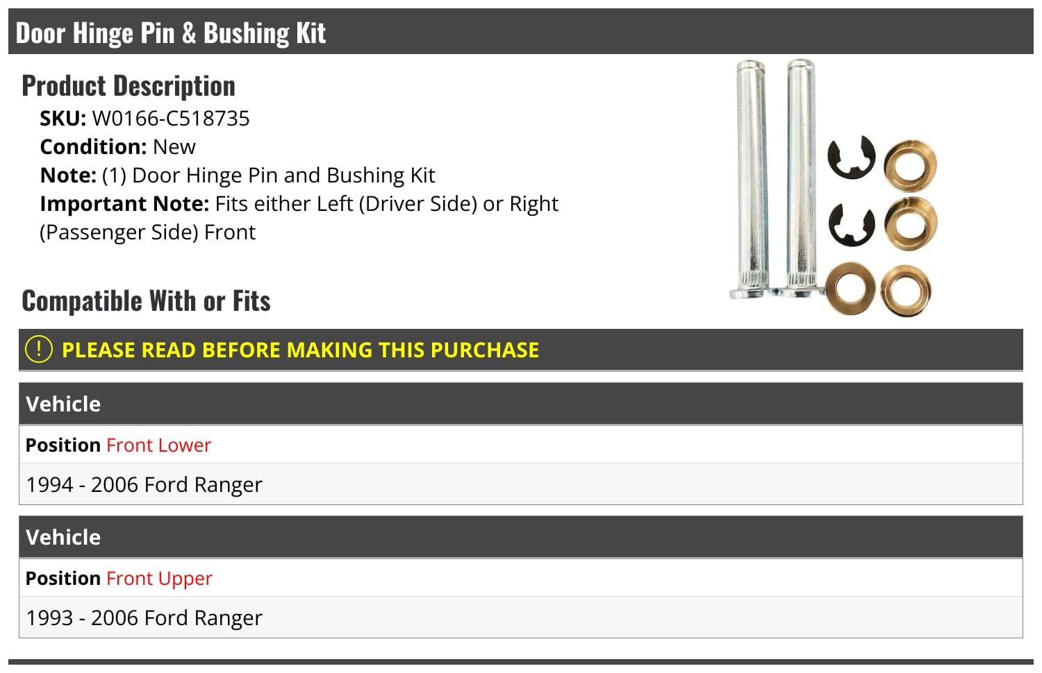 Ford Ranger Front Door Hinge Pin Bushing Kit Compatible 1993-2006 Ford Ranger