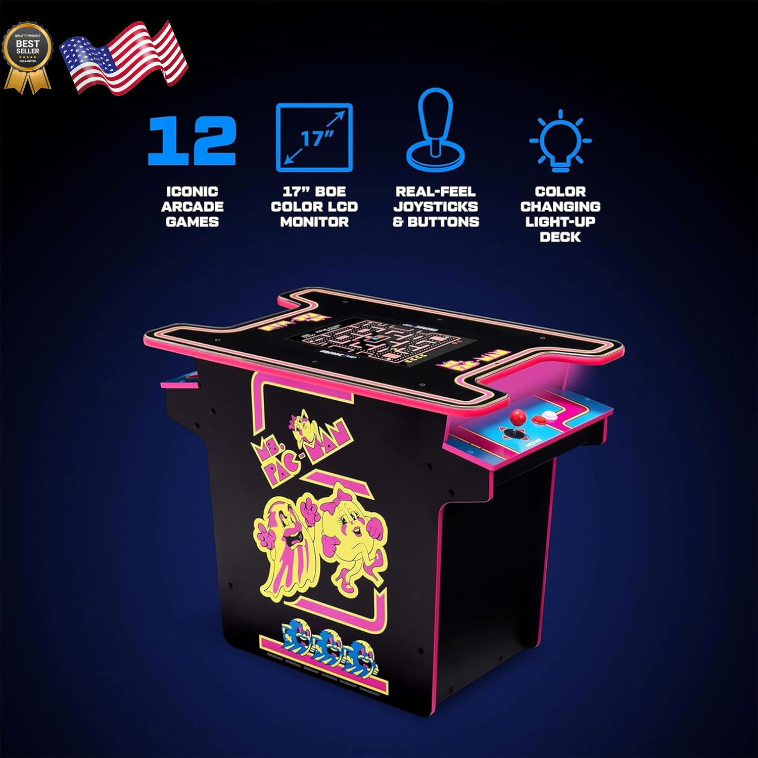 Arcade1Up Ms.Pac-Man Arcade Cocktail Table Built for Your Home Light Up Control