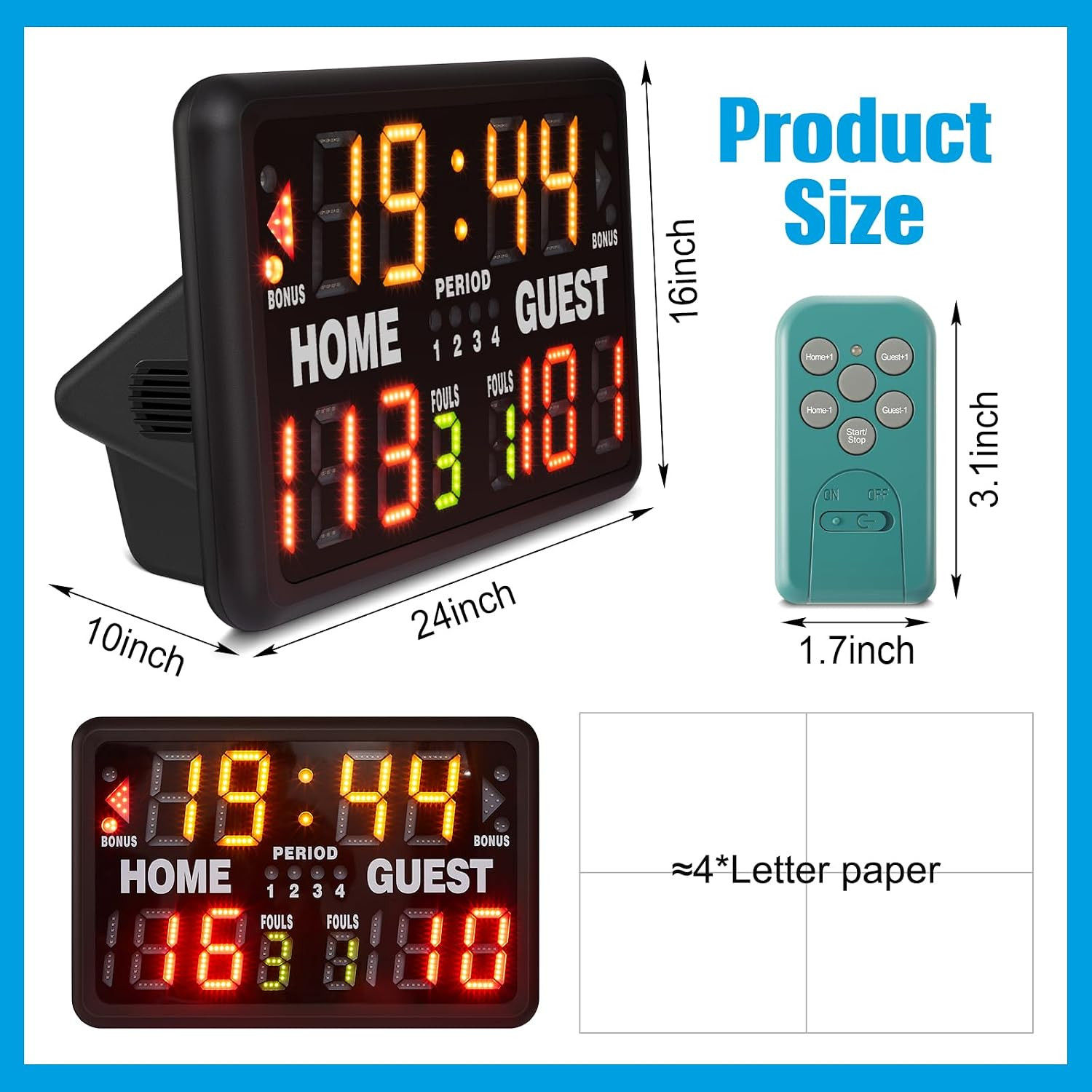 24 X 16 Inch Electronic Basketball Scoreboard Tabletop Digital Scoreboard with R