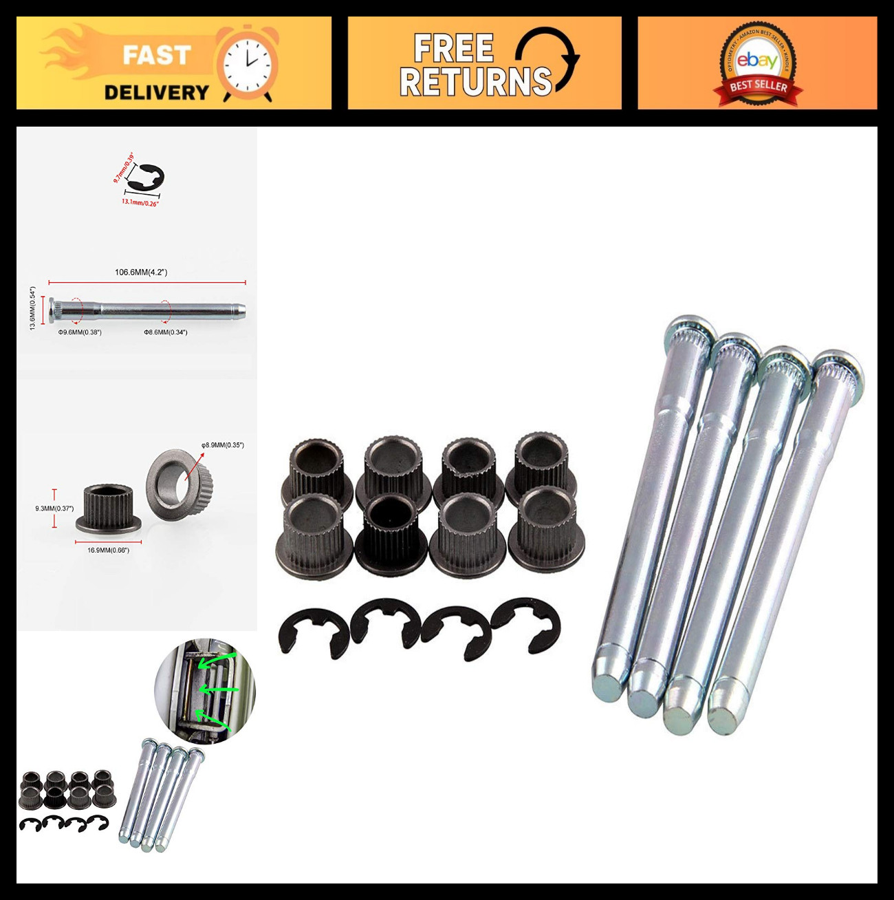 Door Hinge Pin & Bushing Repair Kit (4 Pins, 2 Doors) for 1994-2004 Chevy S10/GM