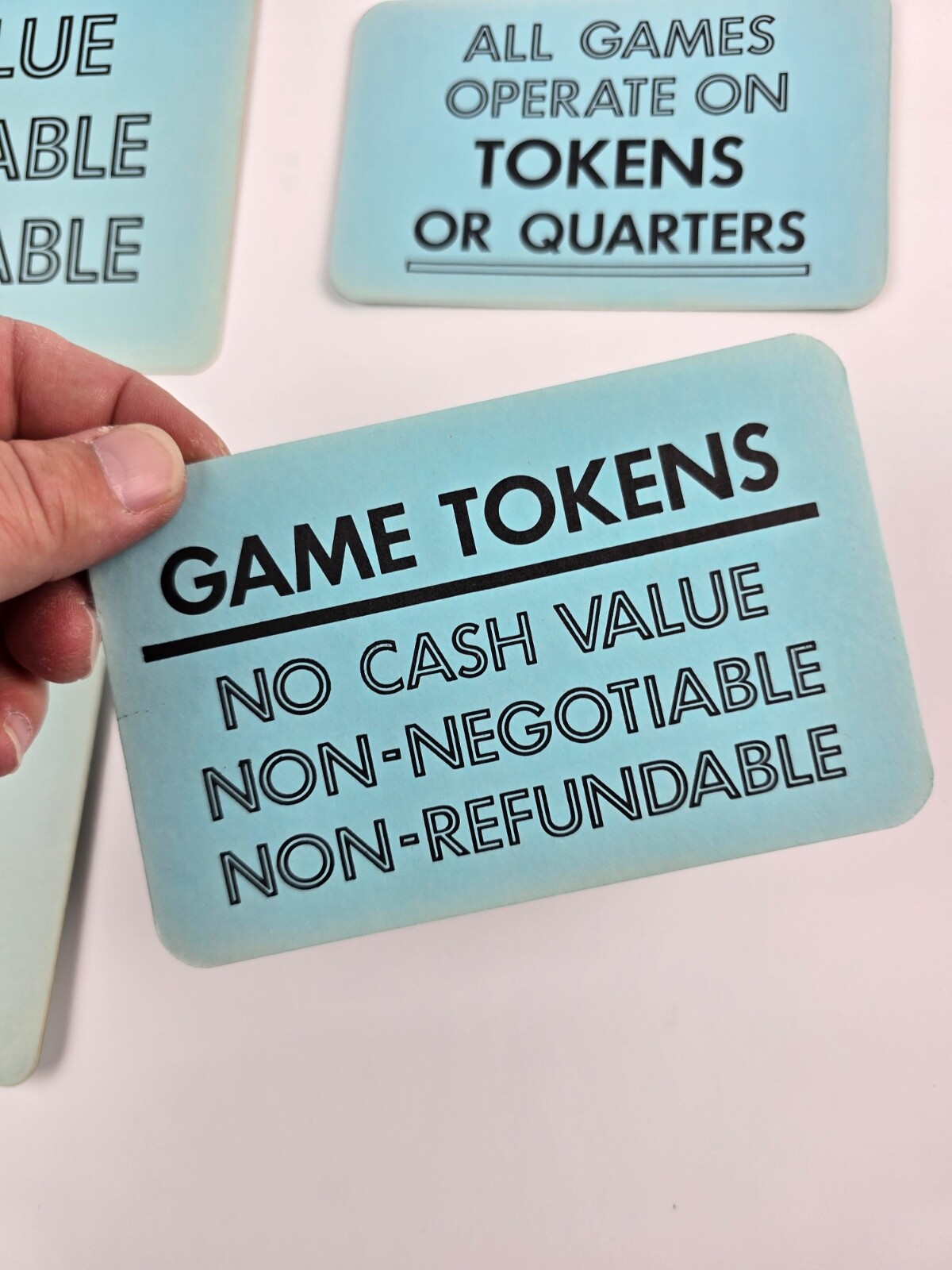 Lot of 4 Vintage Arcade Blue Cardboard Signs Game Tokens No Cash Value 1980’s