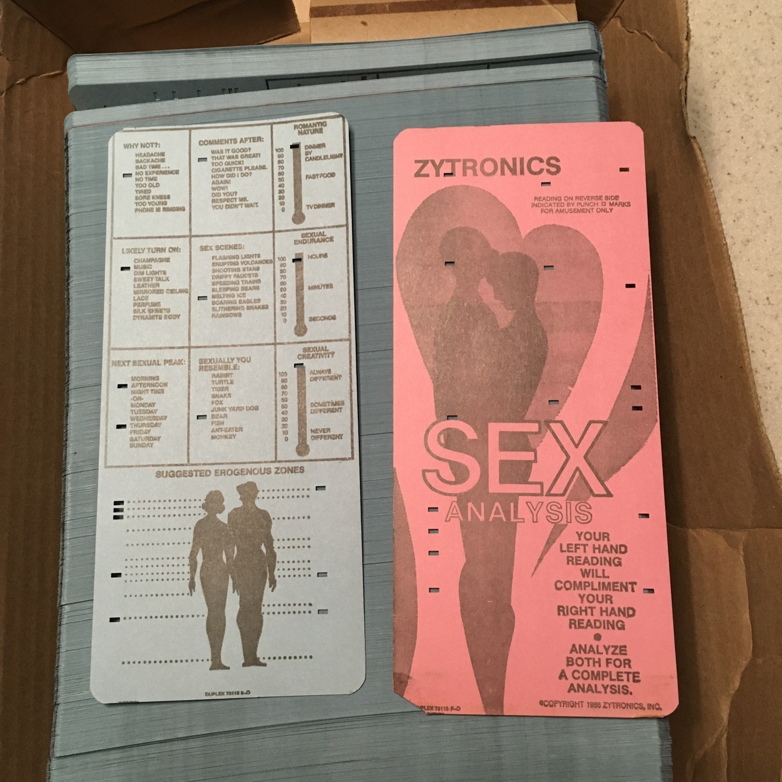 Zytronics Sex Analysis Arcade Cards NEW Box of Blue, a few Pink See PICs
