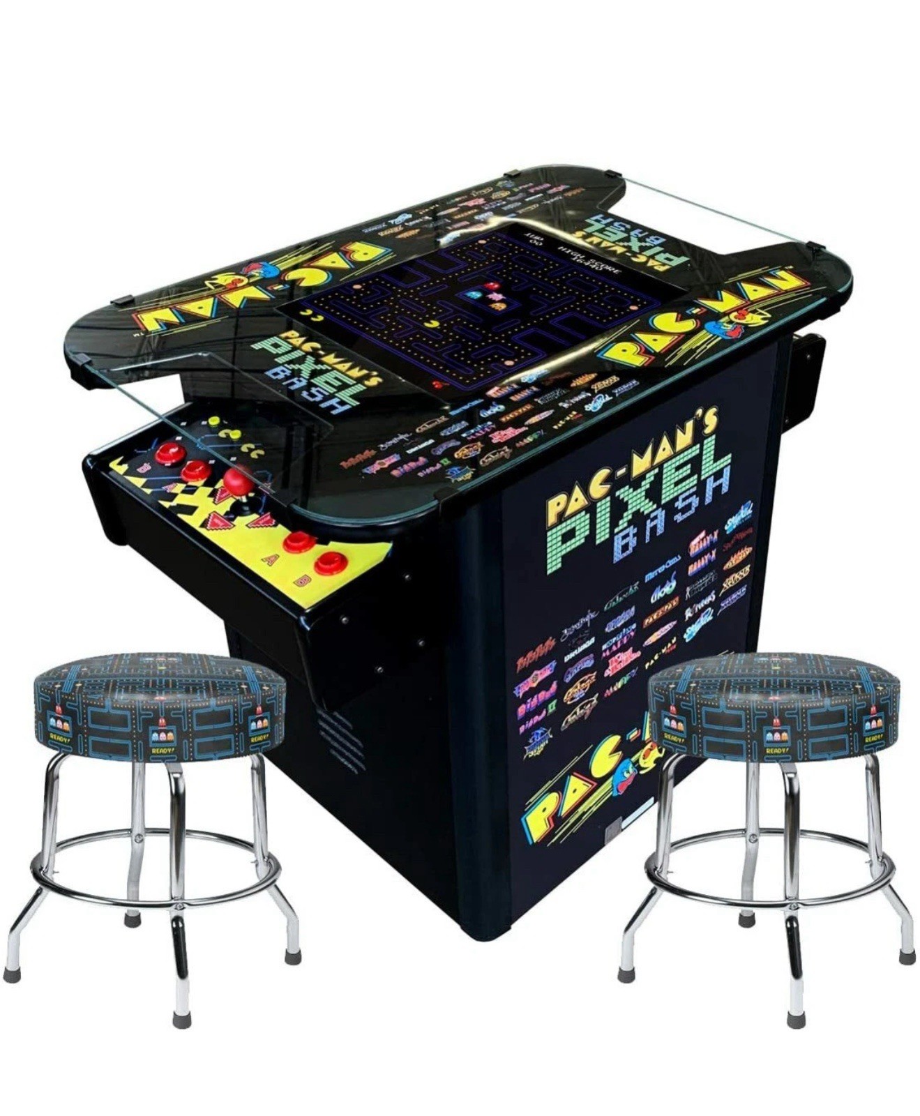 NEW IN BOX Pac-Man Pixel Bash Arcade Style, Cocktail – Black – with 2 Stools!!