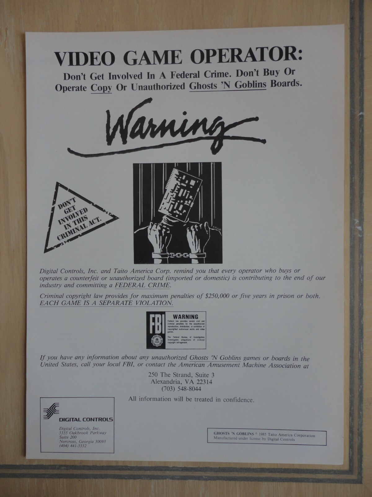 Taito America Legal Warning Ad Promo Original Magazine Pull Out Advertisement