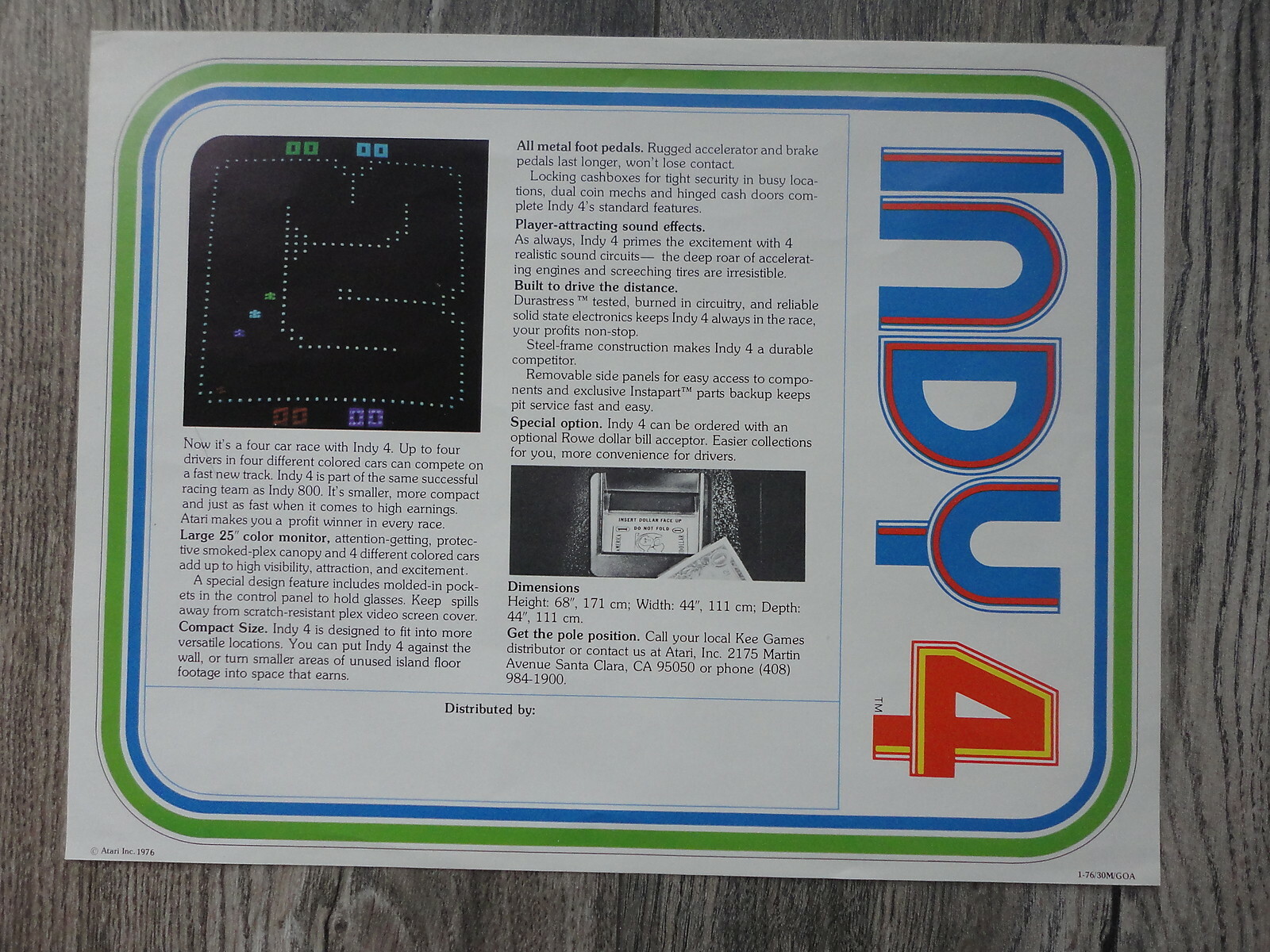 Indy 4 Video Arcade Machine Flyer Original Kee Games Atari Brochure