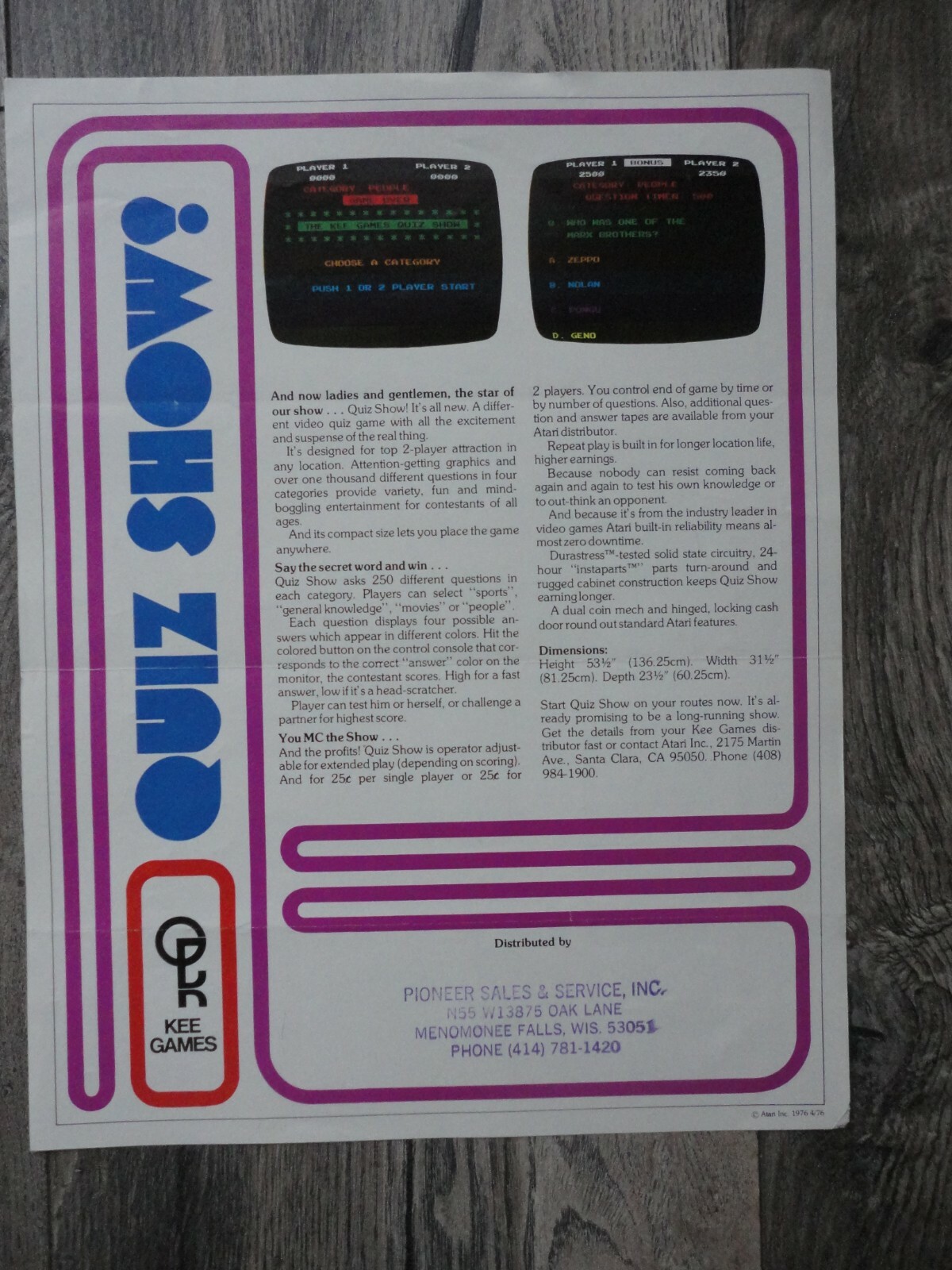 Quiz Show Video Arcade Machine Flyer Original Kee Games Atari Brochure