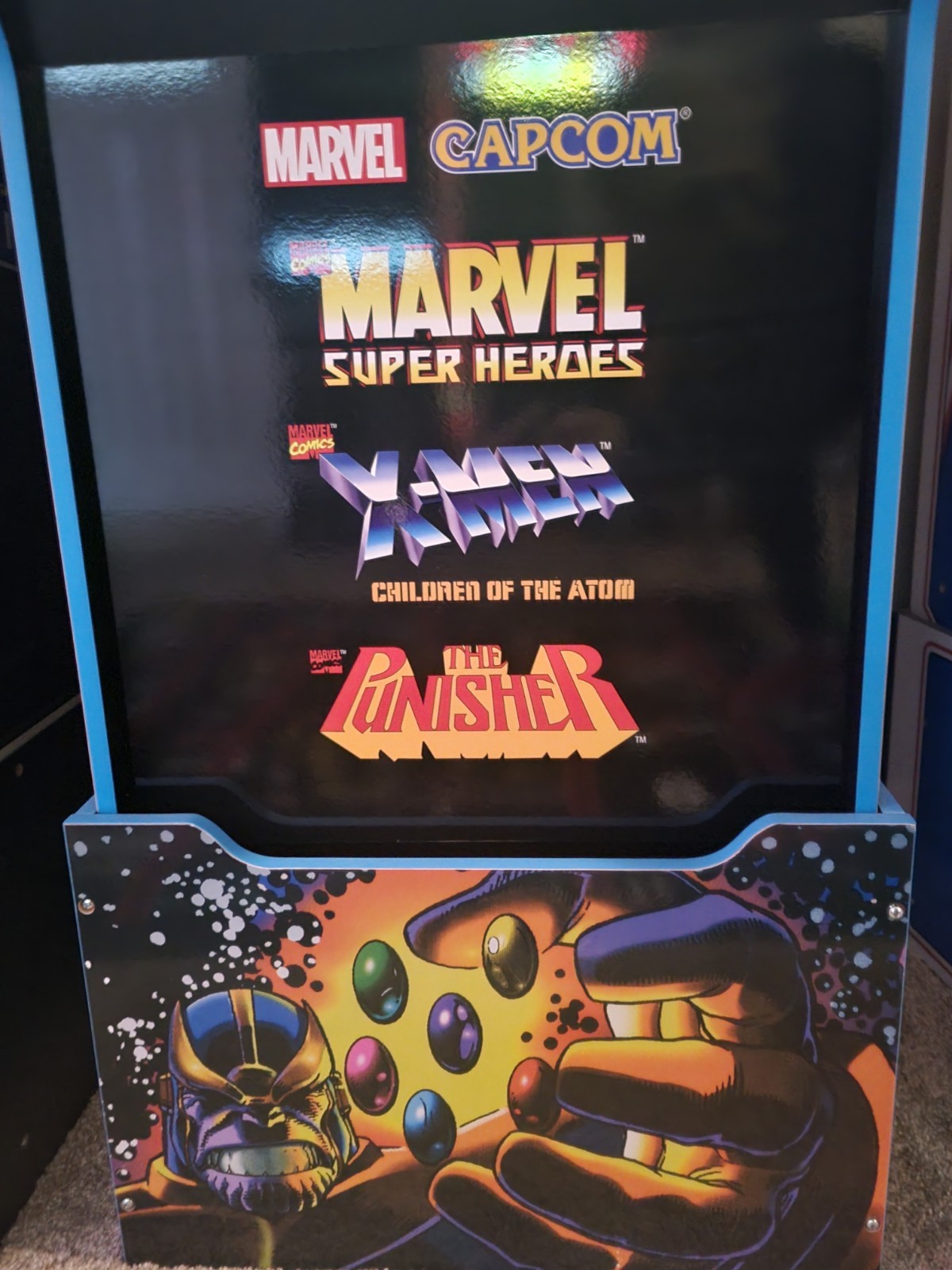 ARCADE1UP MARVEL SUPERHEROES 3-IN-1 CAB W/RISER & LIT “INFINITY STONE” BUTTONS