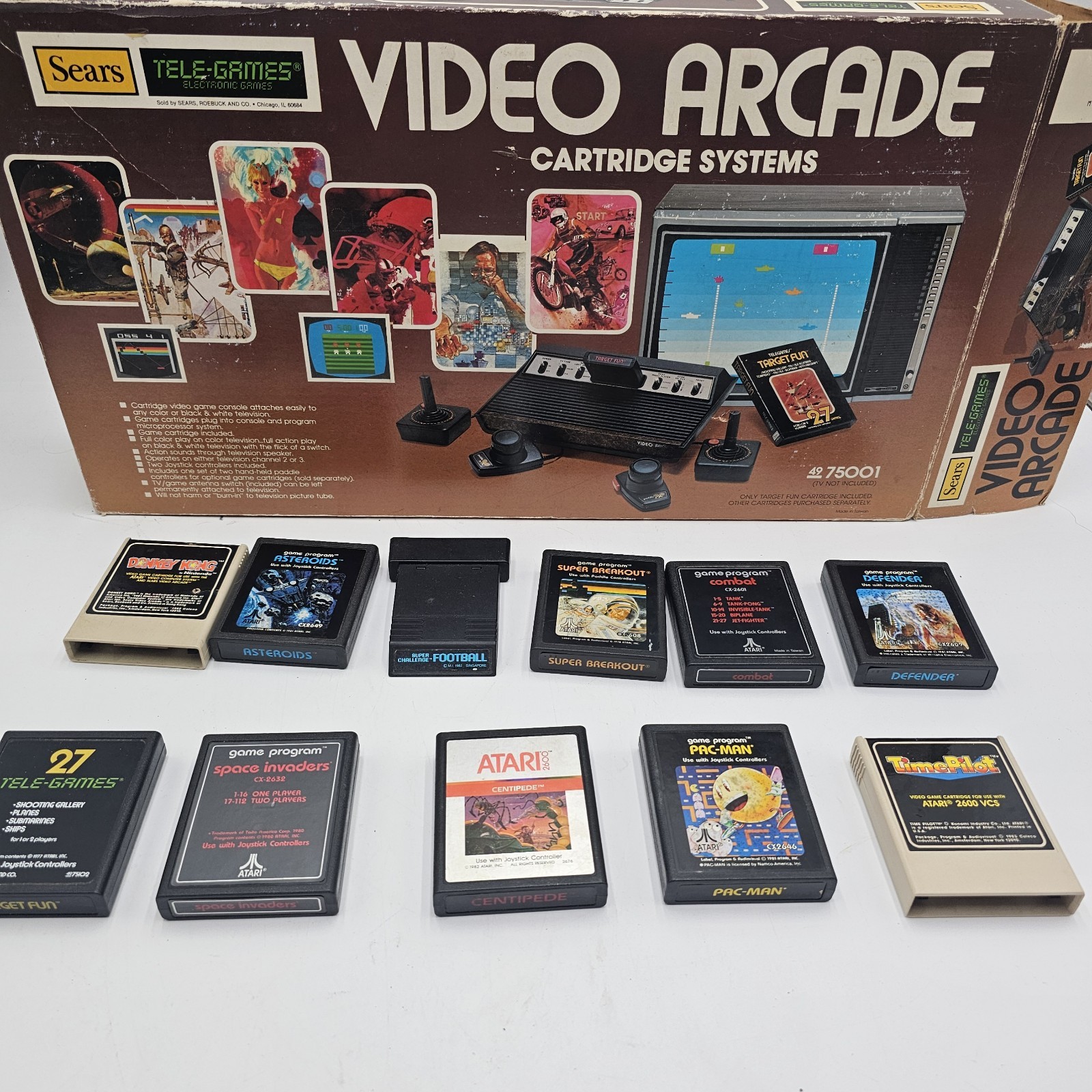 Sears Tele-Games Video Arcade Atari 2600 Box w/ 10 Game Cartridges