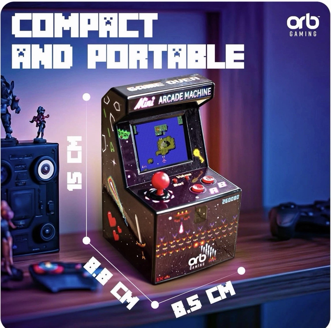 Mini Arcade Machine, 240 Built-In 8-Bit Games, 2.5” Full Colour Screen, 8-Way Jo