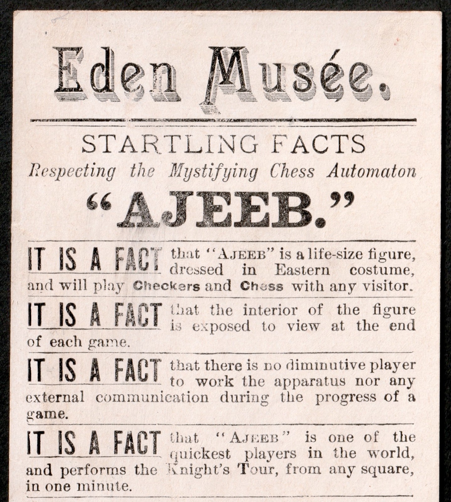 Ajeeb Arcade © 1886 Chess Automaton Eden Musée Museum Circus Sideshow Trade Card