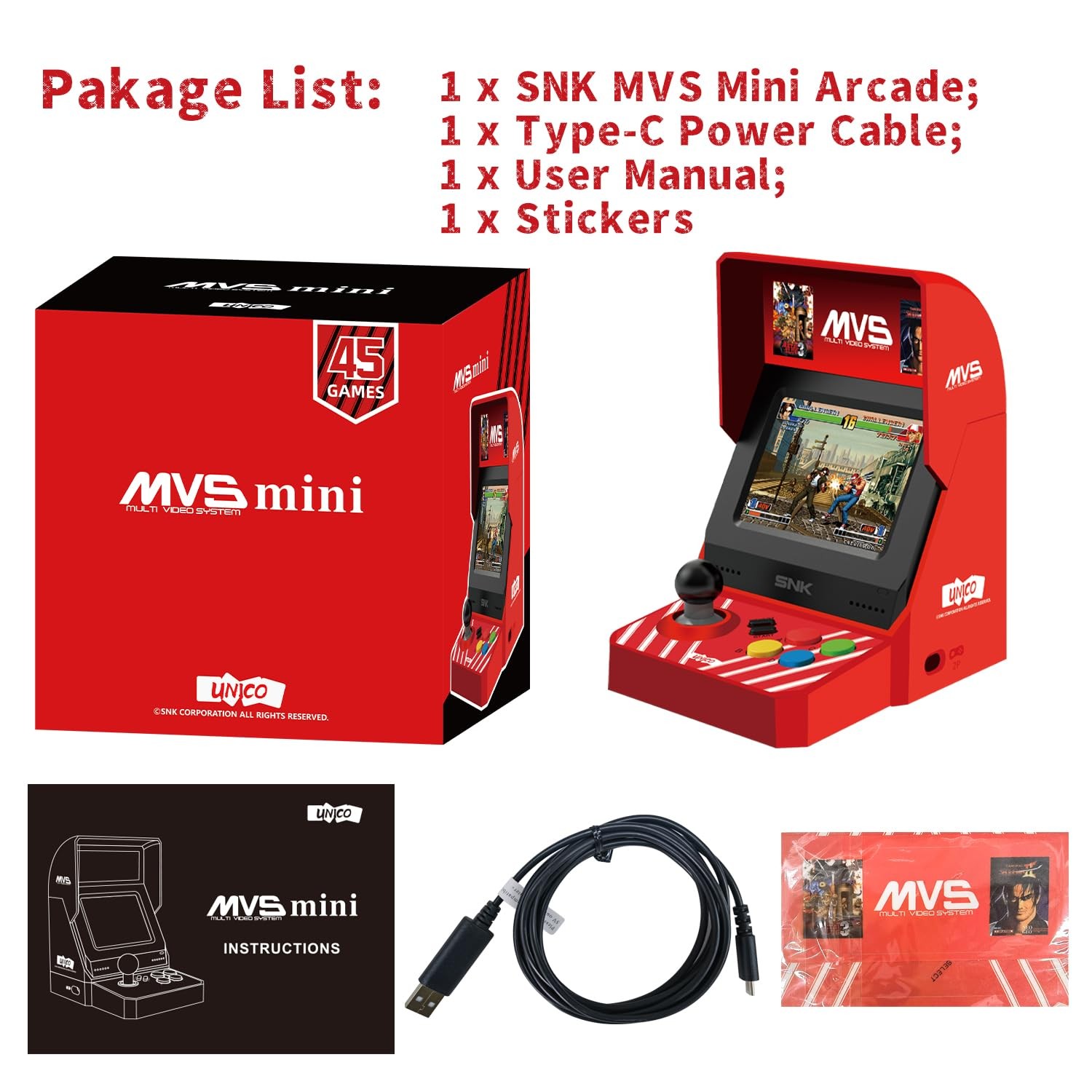 UNICO MVS Mini Home Arcade Machine, 45 Pre-Loaded Classic Games:10 KOF / 5 Me…