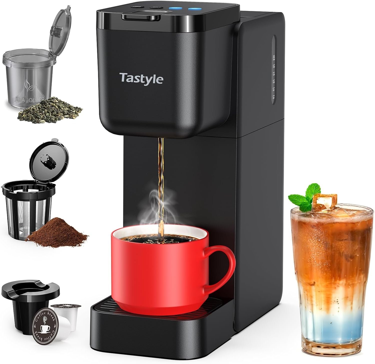 Single Serve Coffee Machine – K Cup/Ground, Hot Iced, Bold Brew, 6–16oz, Black