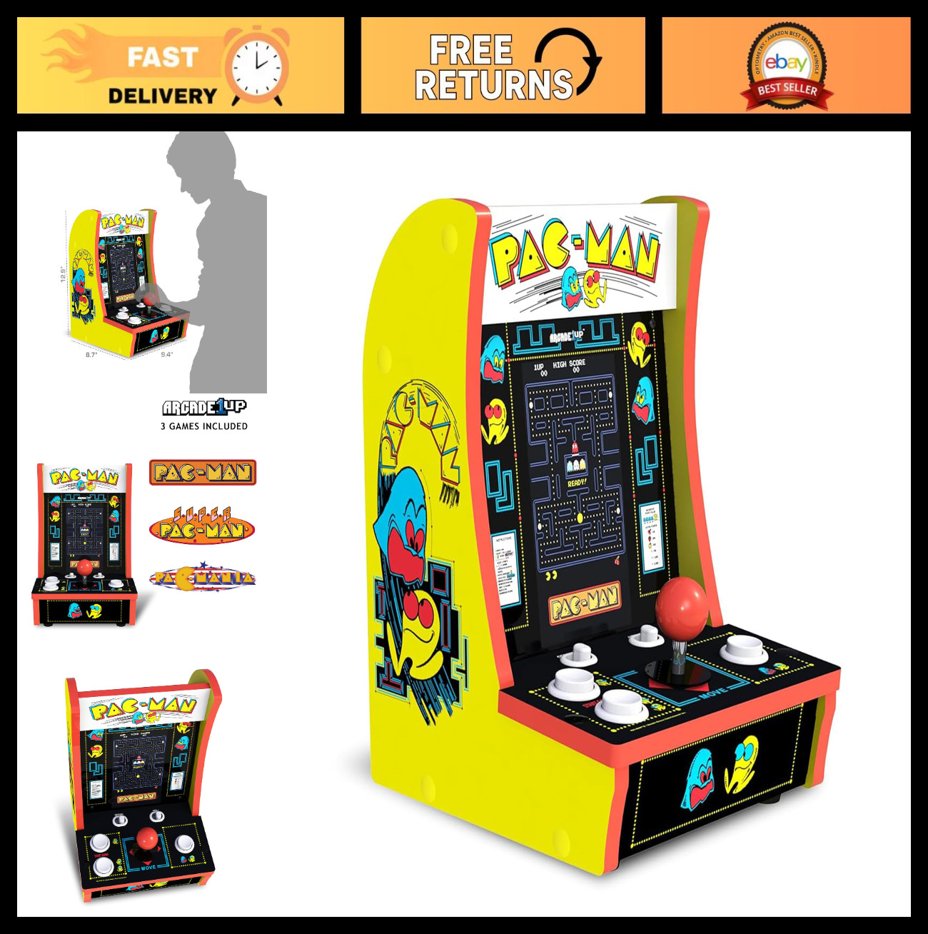 Retro Arcade Countertop Machine – Pac-Man, 3 Games, 7″ LCD, Real Feel Joysticks