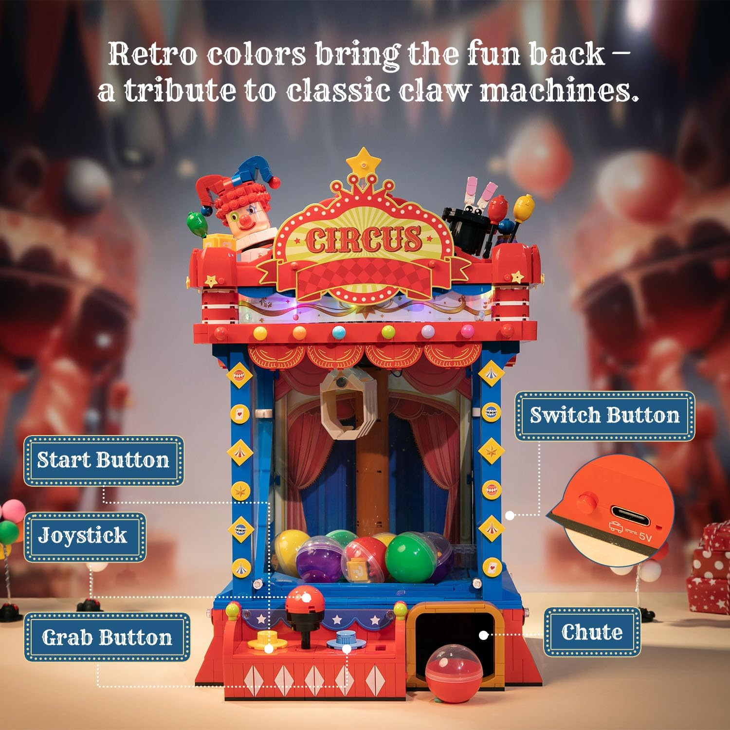 Retro Circus Claw Machine Building Kit, Arcade Style Arcade Machine Block Model