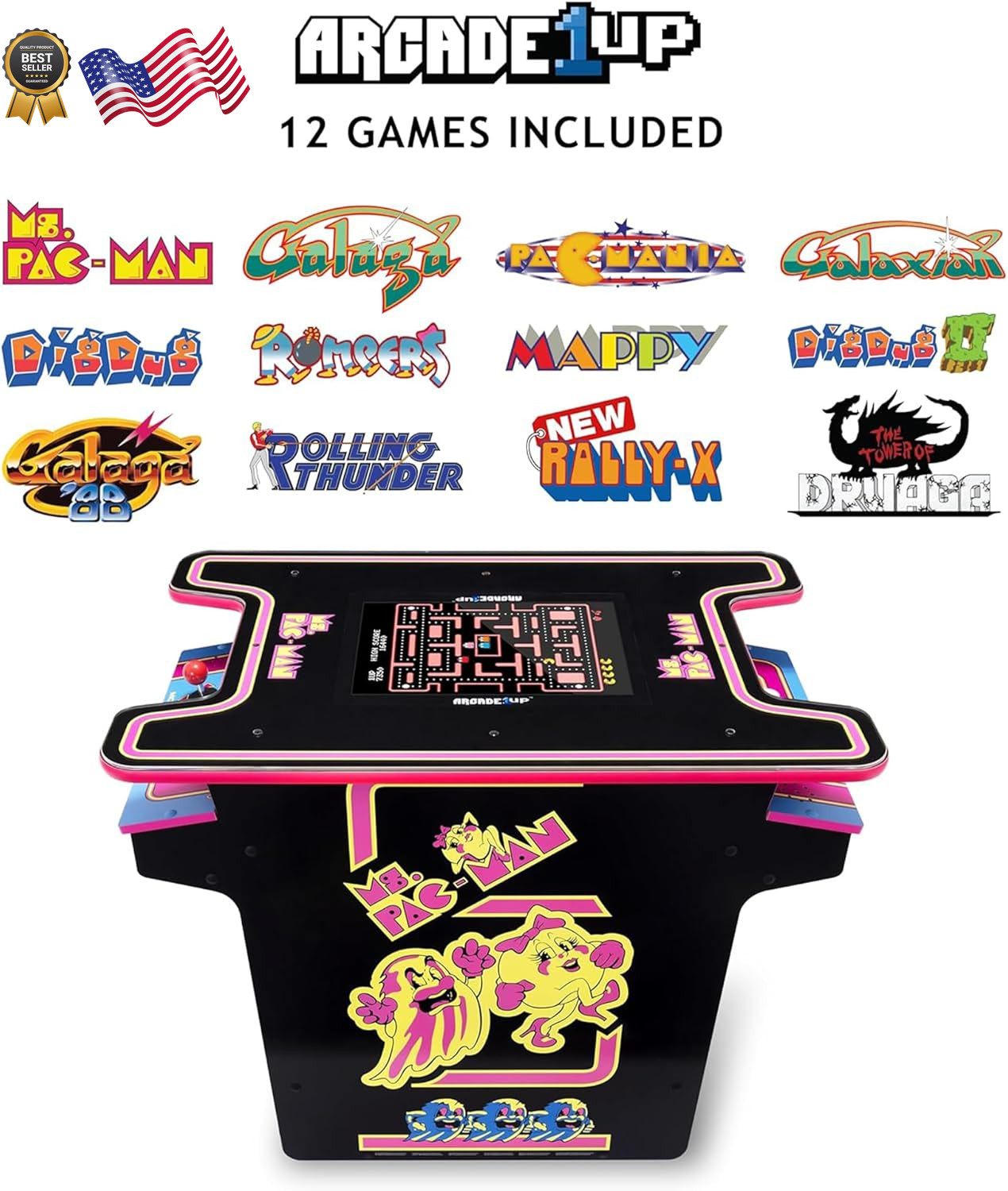 Arcade1Up Ms.Pac-Man Arcade Cocktail Table Built for Your Home Light Up Control