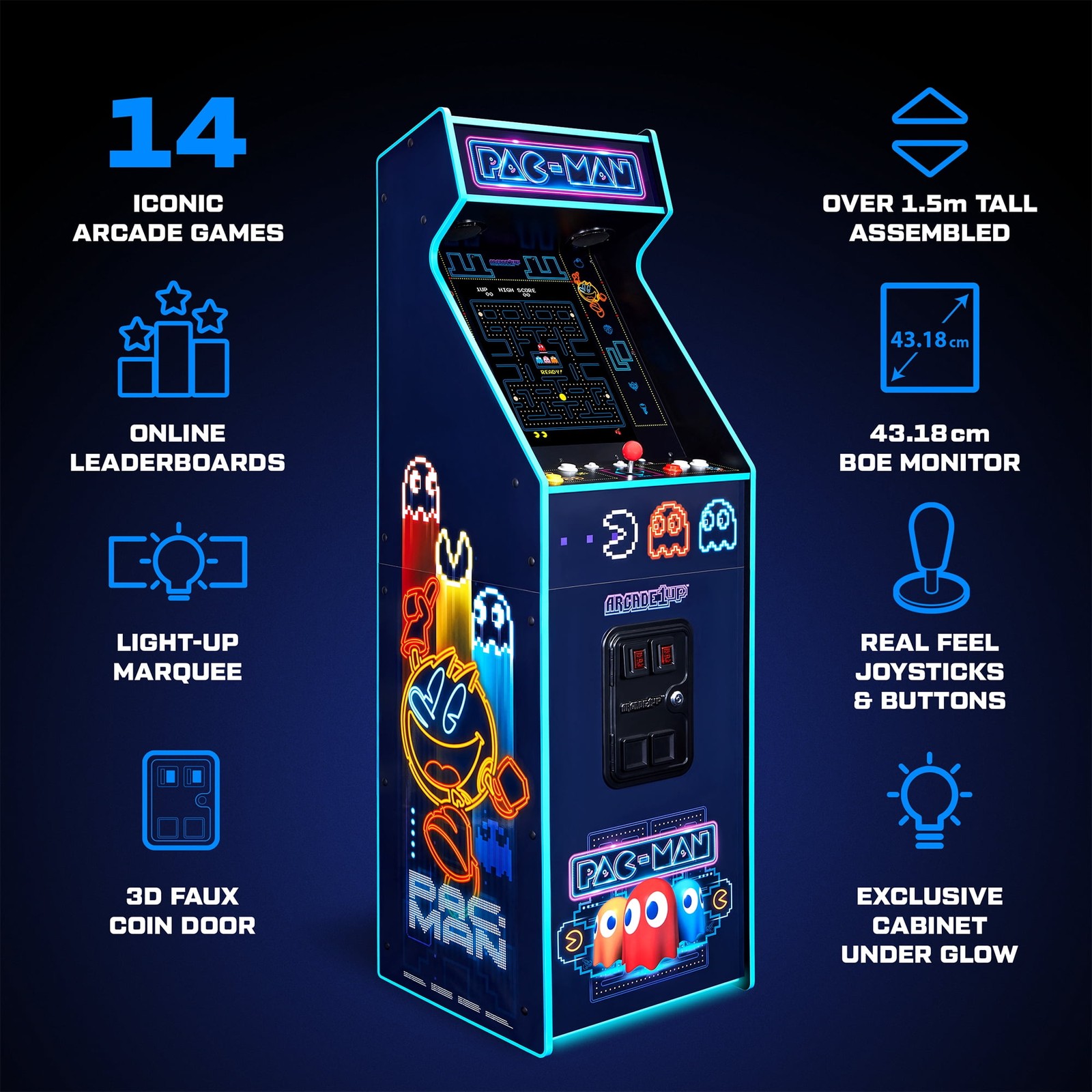 ARCADE1UP PAC-MAN DELUXE ARCADE MACHINE WITH 14 GAMES INCLUDED, 5 FEET TALL,NEON