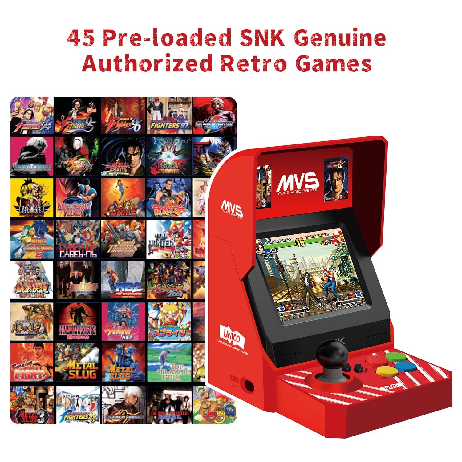 UNICO MVS Mini Home Arcade Machine, 45 Pre-Loaded Classic Games:10 KOF / 5 Me…