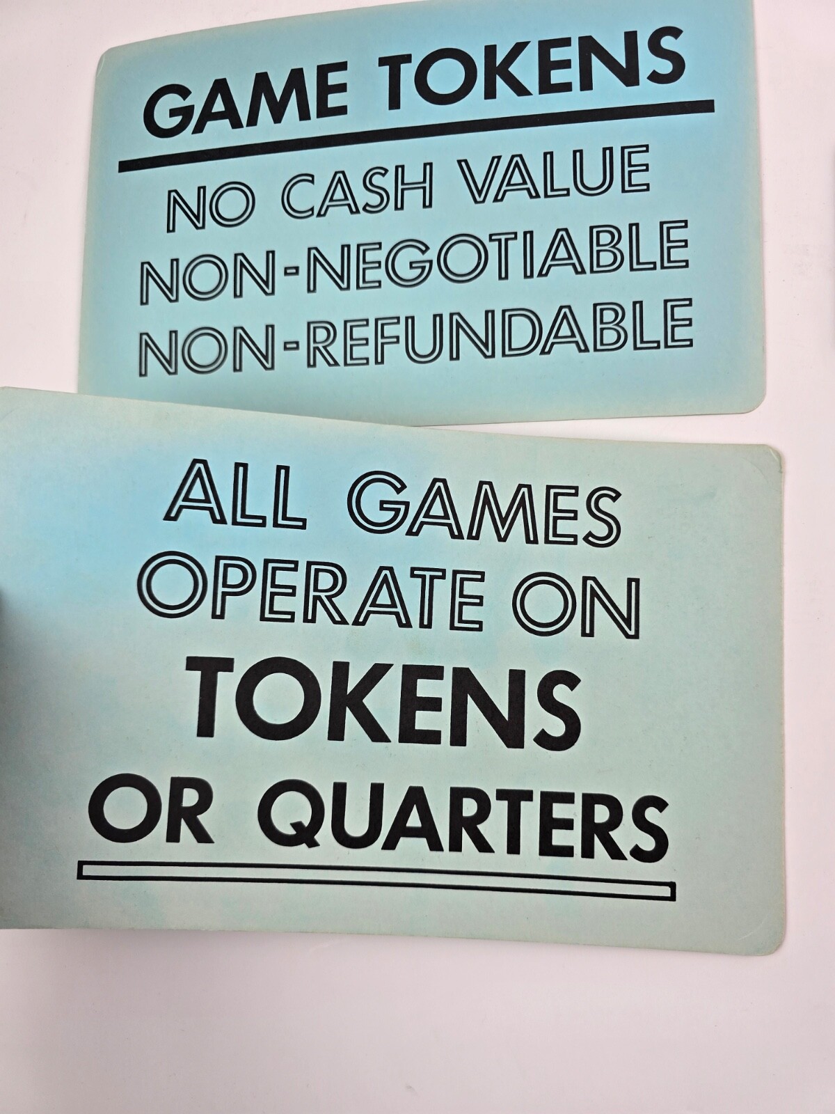 Lot of 4 Vintage Arcade Blue Cardboard Signs Game Tokens No Cash Value 1980’s