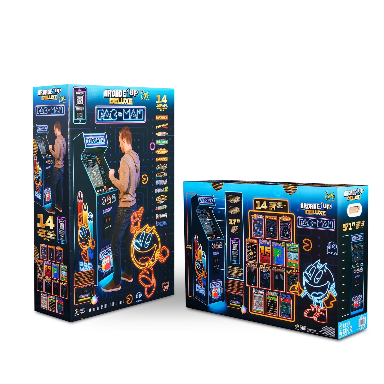 ARCADE1UP PAC-MAN DELUXE ARCADE MACHINE WITH 14 GAMES INCLUDED, 5 FEET TALL,NEON