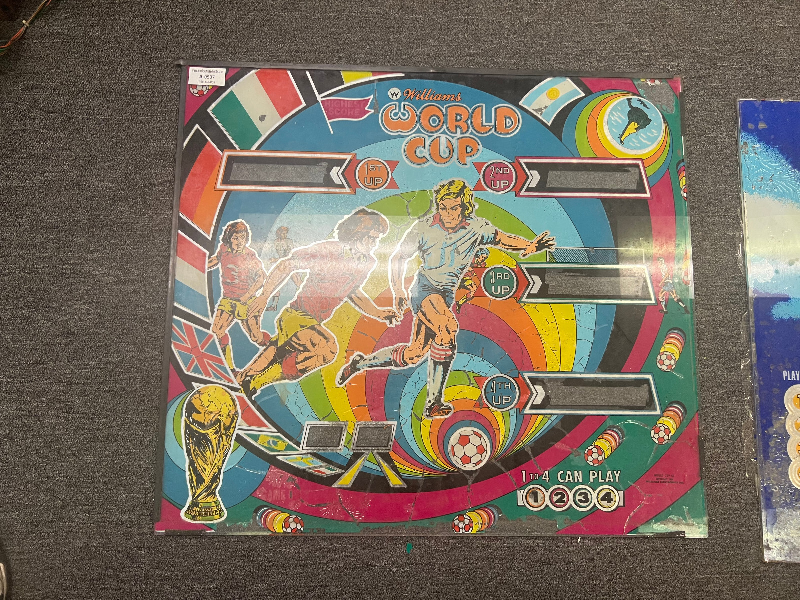 WORLD CUP Pinball BACKGLASS by WILLIAMS 1978