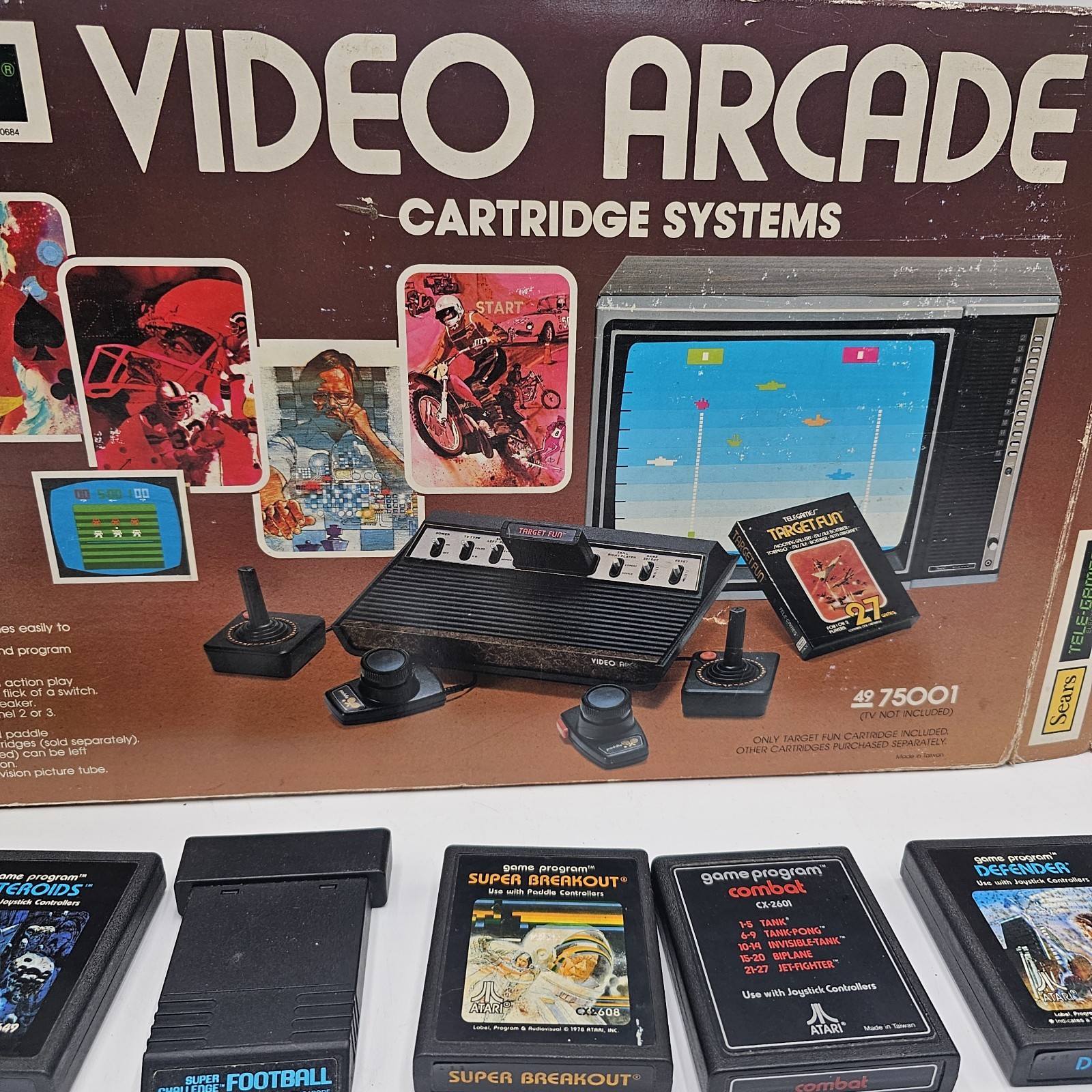 Sears Tele-Games Video Arcade Atari 2600 Box w/ 10 Game Cartridges