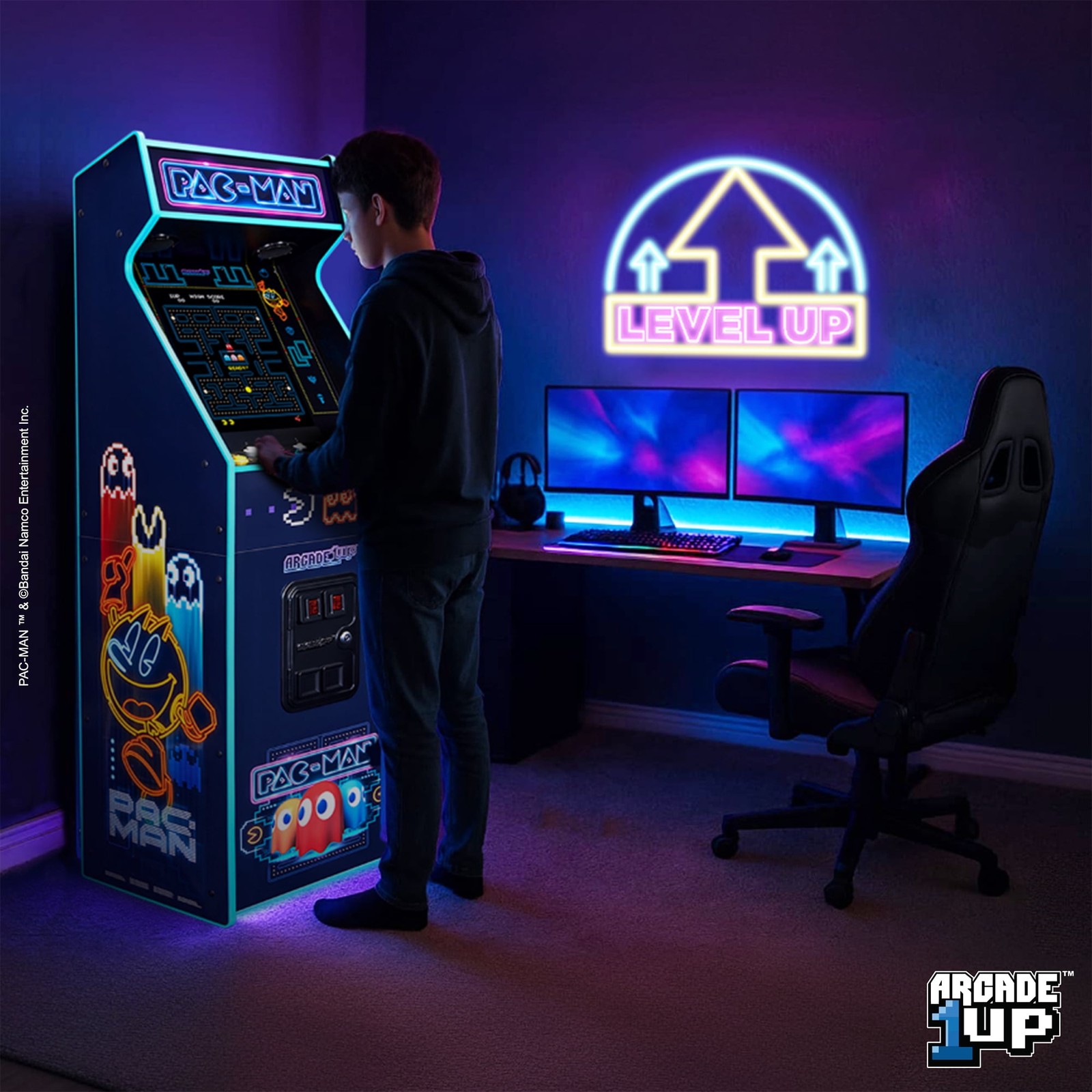 ARCADE1UP PAC-MAN DELUXE ARCADE MACHINE WITH 14 GAMES INCLUDED, 5 FEET TALL,NEON