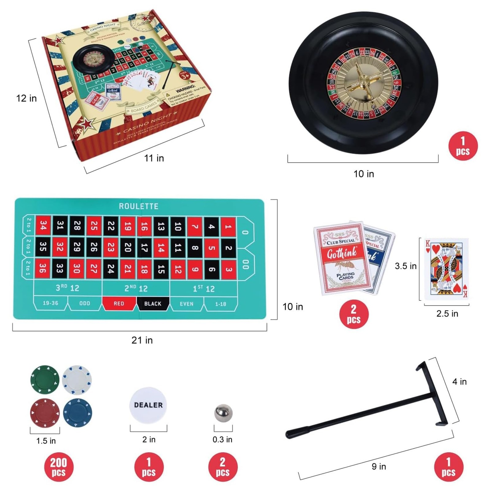 GOTHINK Roulette Wheel Game Set, Includes 10-inch Gambling Wheel, 200 Chips, …
