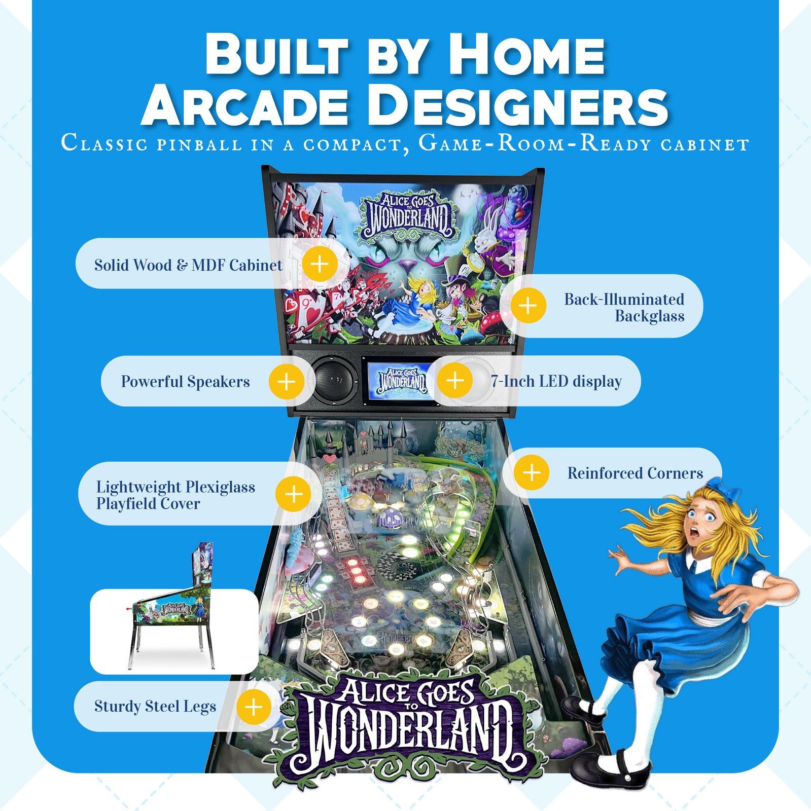 Wonderland Amusements Alice Goes to Wonderland Pinball Machine with LED Lighting