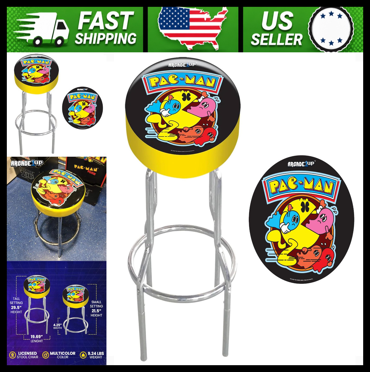 Arcade1Up Pac-Man Adjustable Padded Arcade Stool, 21.5-29.5 in.
