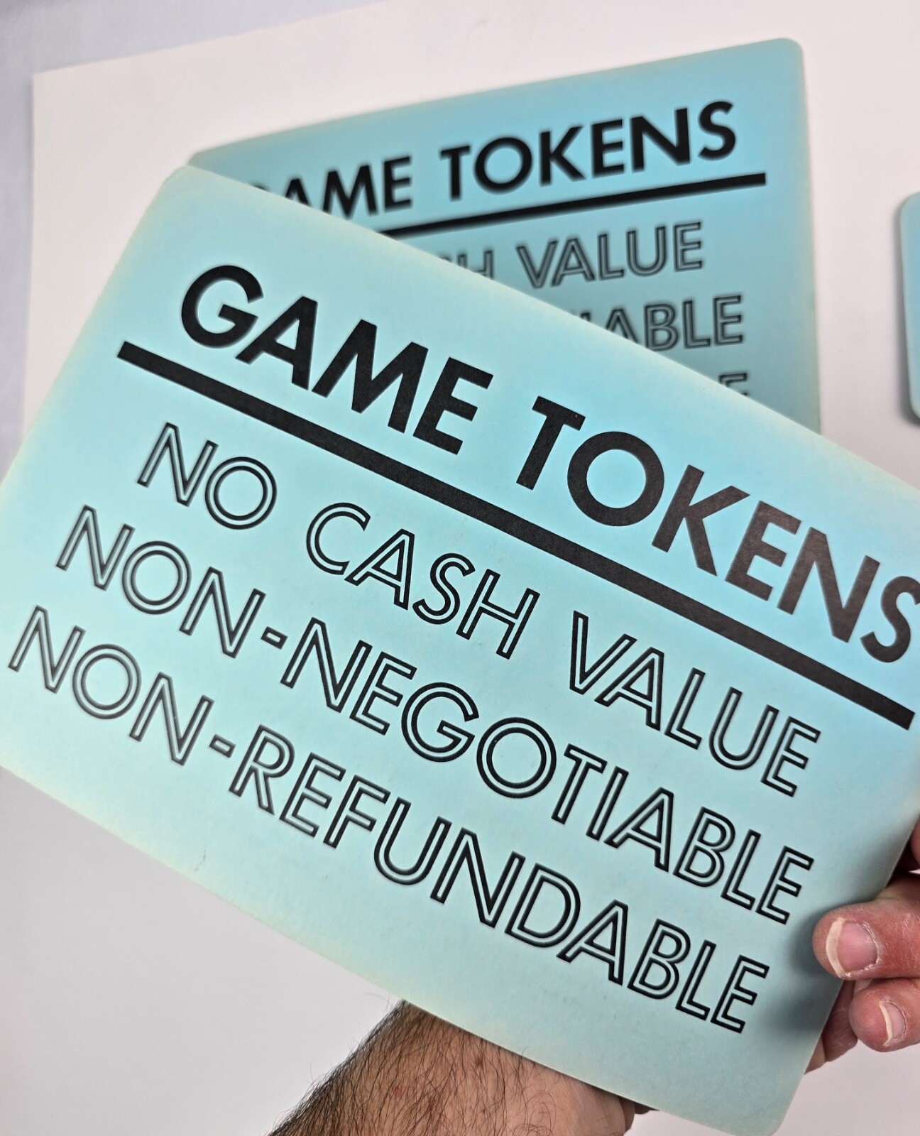 Lot of 4 Vintage Arcade Blue Cardboard Signs Game Tokens No Cash Value 1980’s