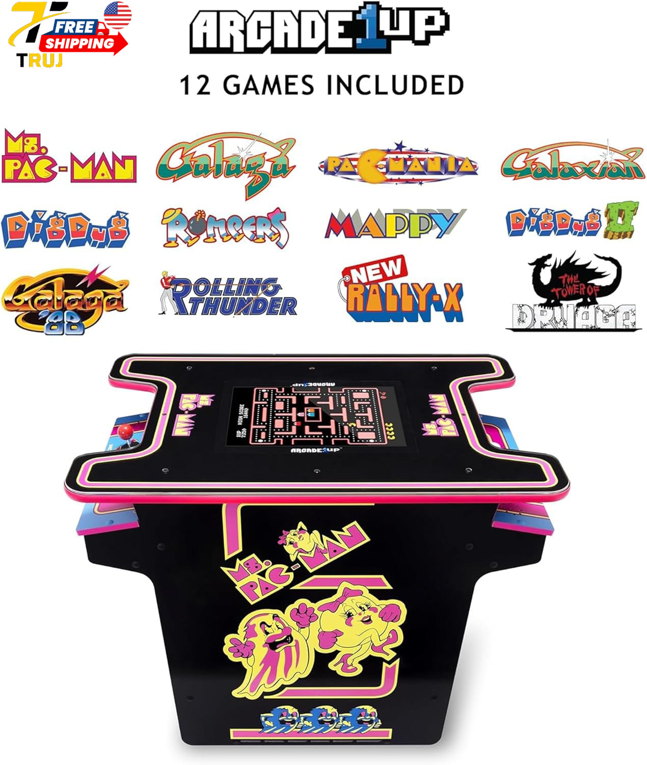 Arcade1Up Ms.Pac Man Head-To-Head Arcade Machine Retro Home Arcade Table with