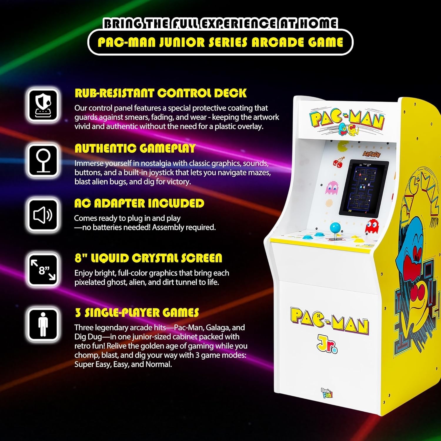 Pac Man Jr Series Free Standing Machine, 3 Games, 8″ Liquid Crystal Screen – …