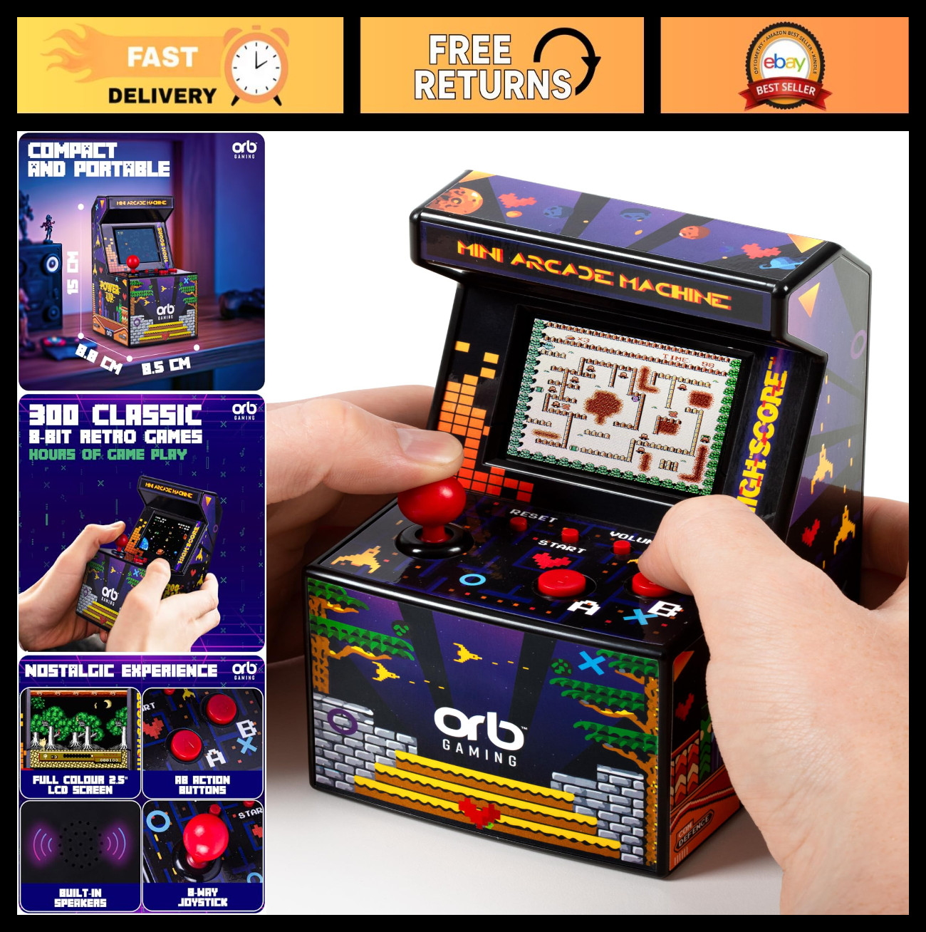 Mini Arcade Machine – 300 Retro 8-Bit Games, 2.5″ Color Screen, Joystick & Volum